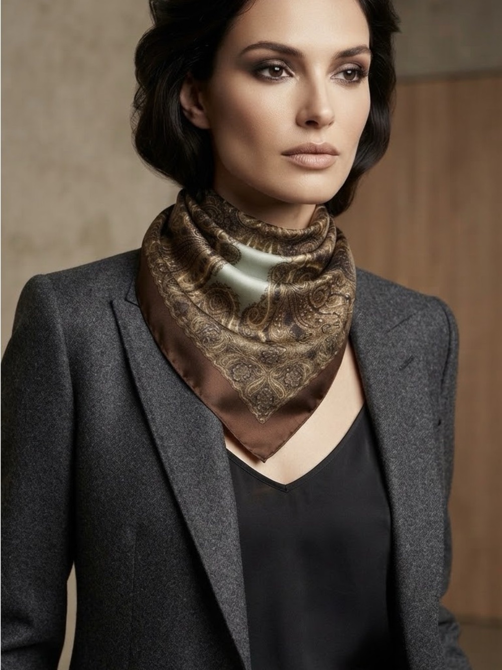Etro Olive and Brown Paisley Silk Neck Scarf